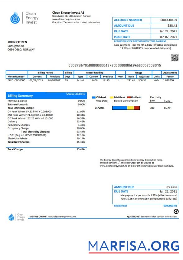 Blank Norway Clean Energy Invest AS utility bill template in Word and PDF format, good for address prove